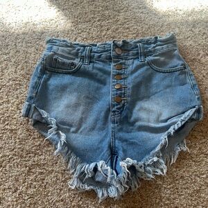 High Waist Blue Denim Shorts with Frayed Hem